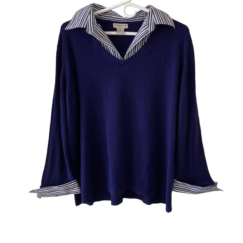 Notations Woman 3X Navy V-Neck Pullover L/S Top Stripe Collar Cuffs Rayon Blend